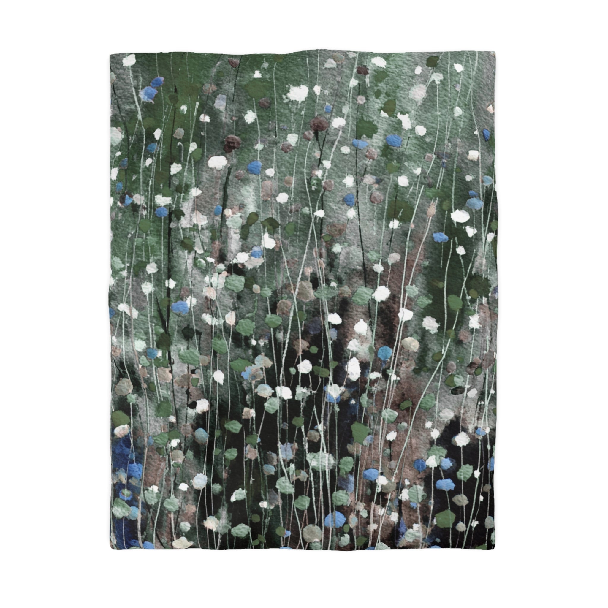 The image is a painting or artwork depicting a field of flowers with various shades of green, blue, and white.