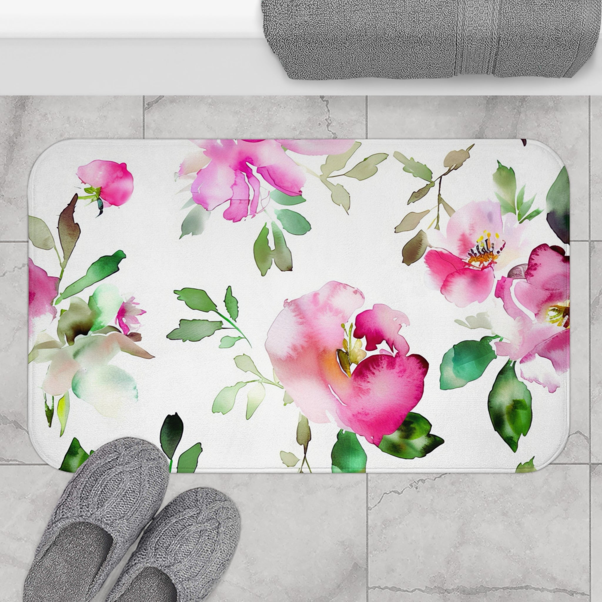 Boho Kitchen, Bath Mat | Floral Pink, White Green Floor Mat