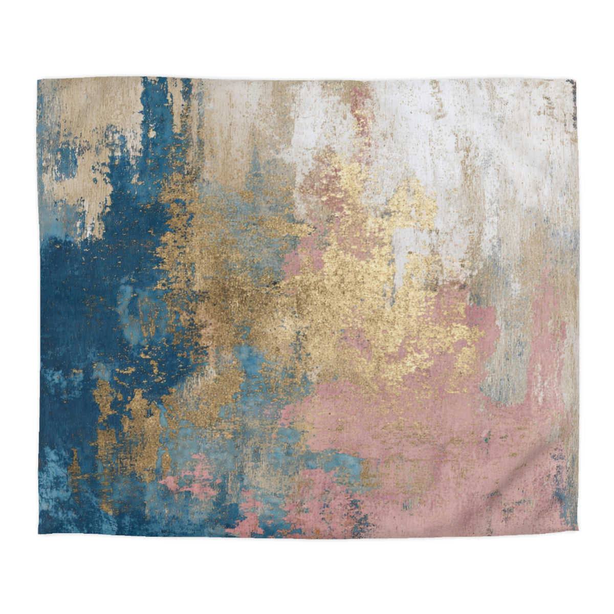 The image is an abstract painting with a mix of blue, pink, and gold colors, creating a vibrant and dynamic composition.