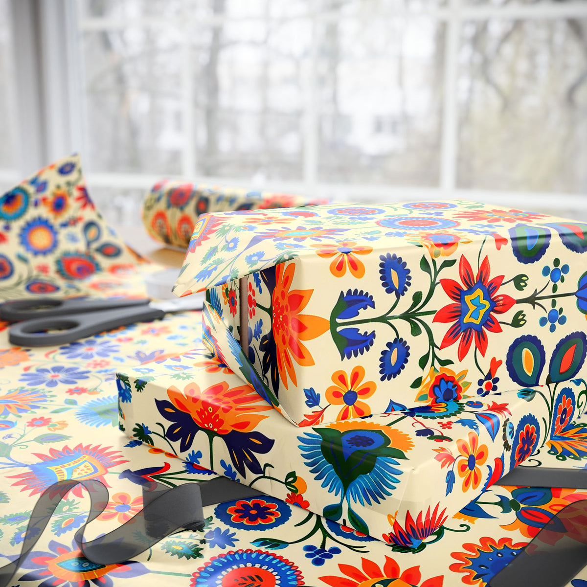 Bright Folk Art Floral Wrapping Paper, Colorful Gift Wrap