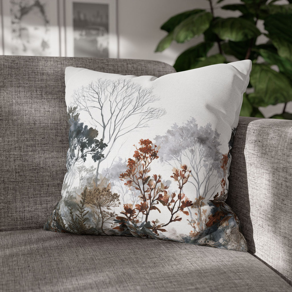 Minimal Tree Pillow Cover | Grey Rust Watercolor Forest Pillowcase
