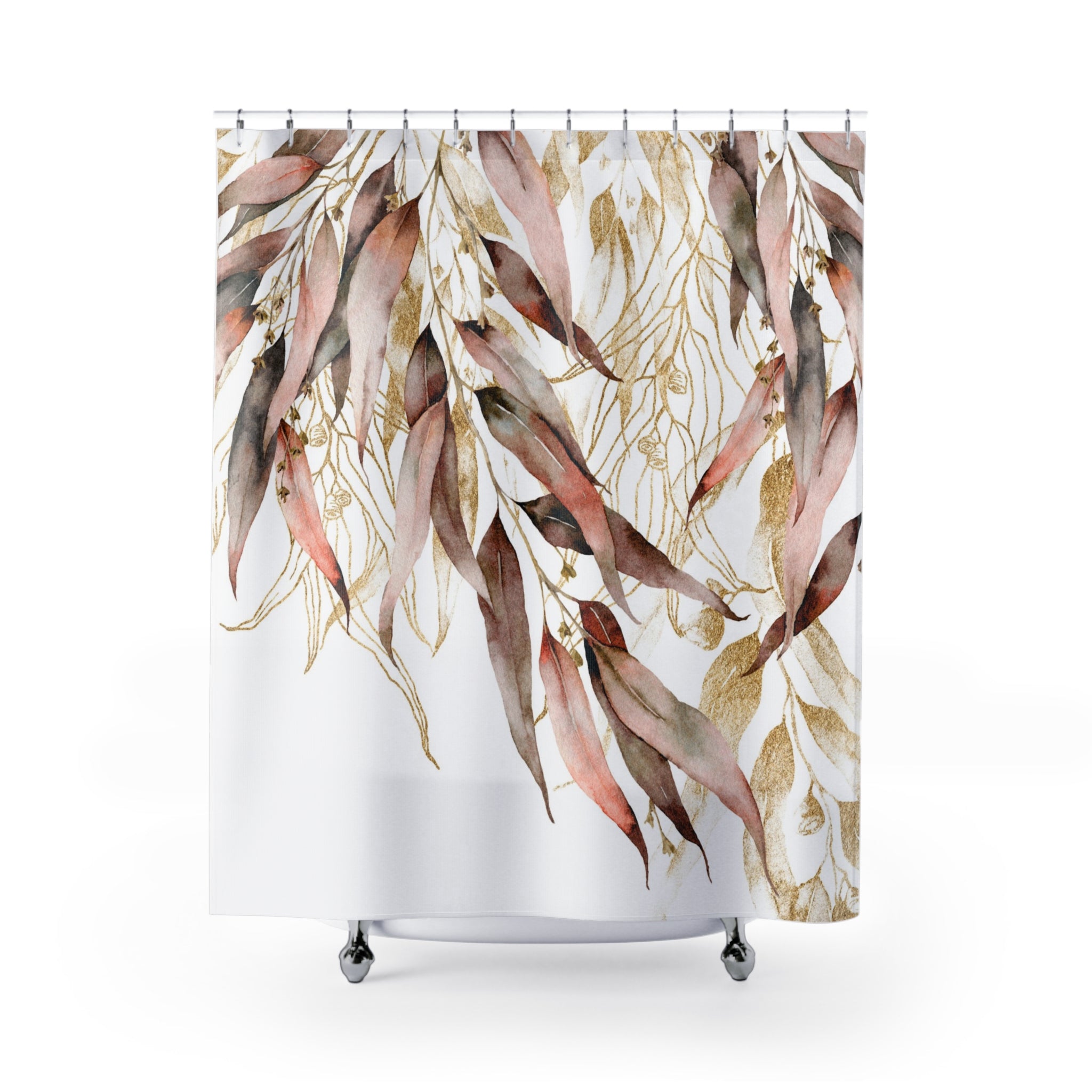 Boho Shower Curtain | Floral Leaves Watercolor Fabric Curtain