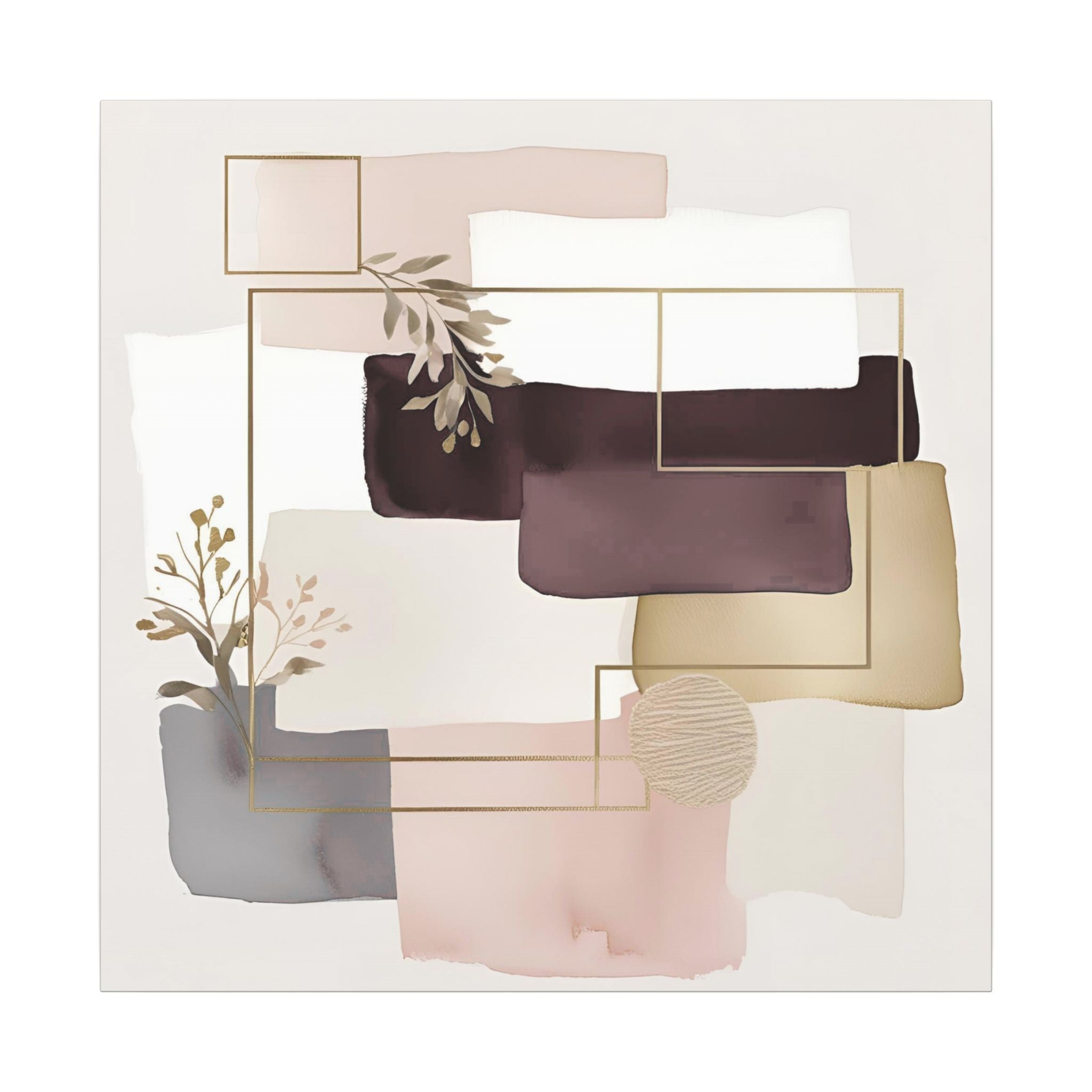 The image is a square-shaped abstract artwork featuring a variety of colors and shapes, including a plant and a geometric pattern.