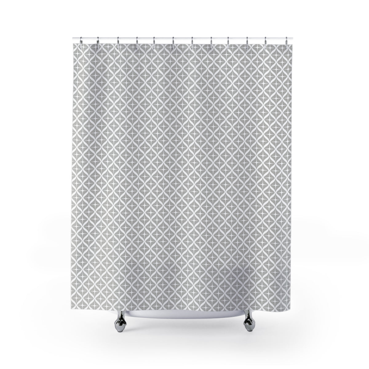 A shower curtain with a repeating pattern of gray diamonds on a white background.