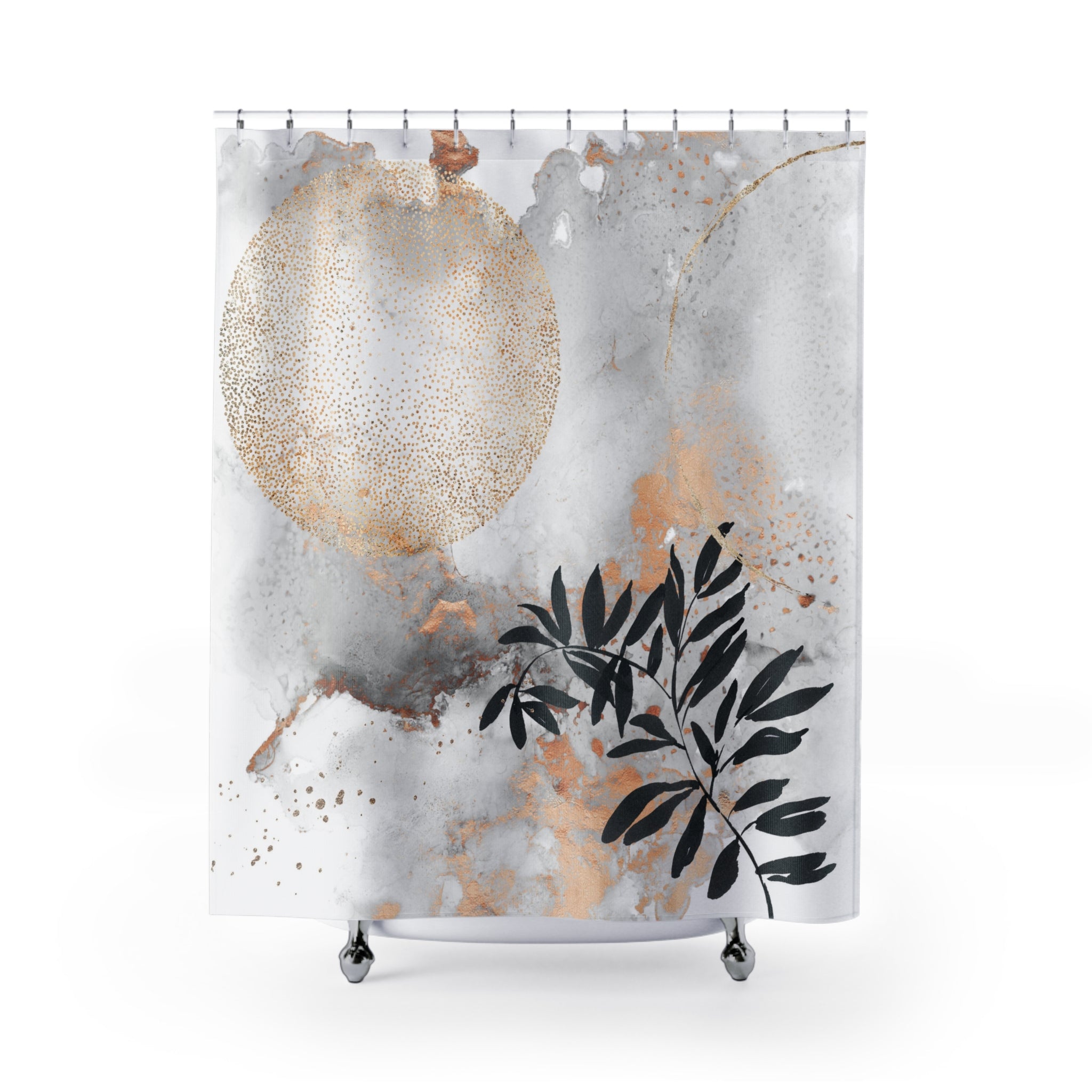 Boho Shower Curtain | Grey Gold Ombre Black Leaves