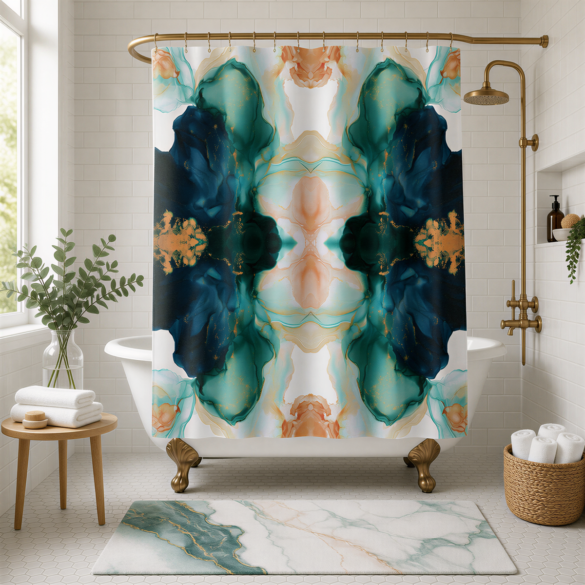 a bathroom with a white bathtub, a marble rug, and a shower curtain with a colorful abstract design in shades of blue, green, and orange.
