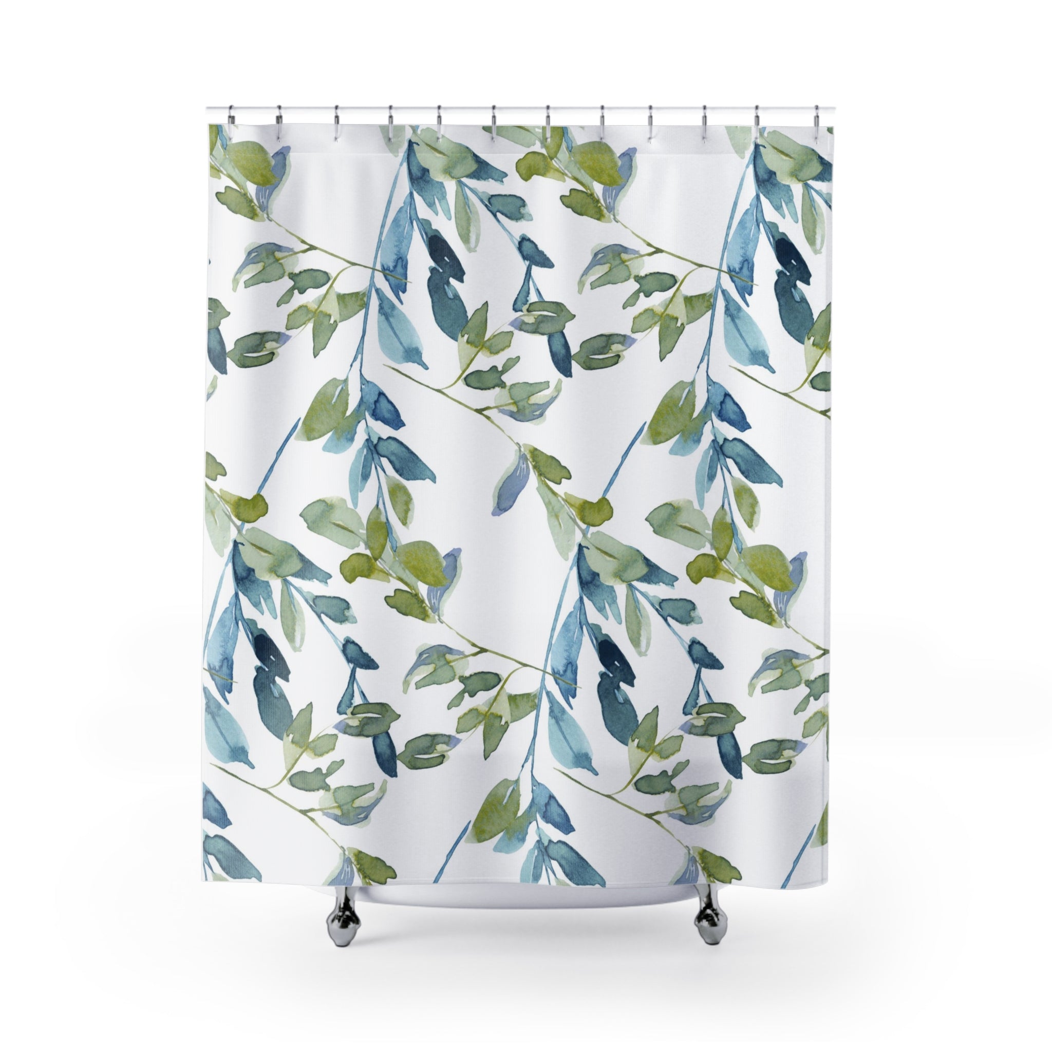 Boho Shower Curtain | Abstract Leaves, Blue Green