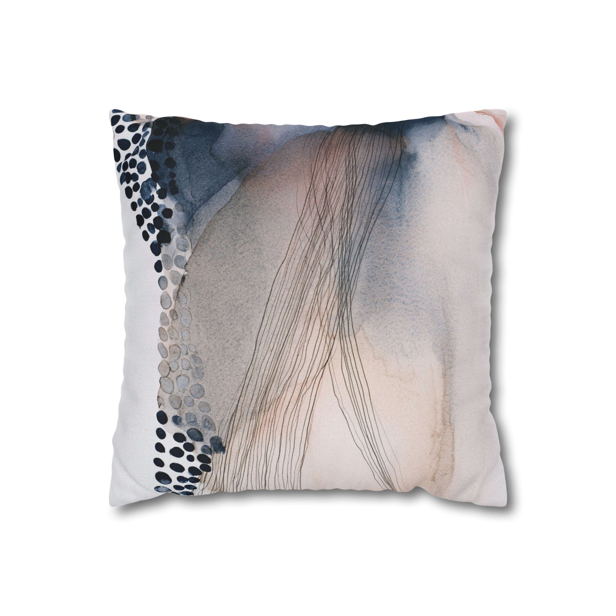 a square pillow with an abstract watercolor-style design.