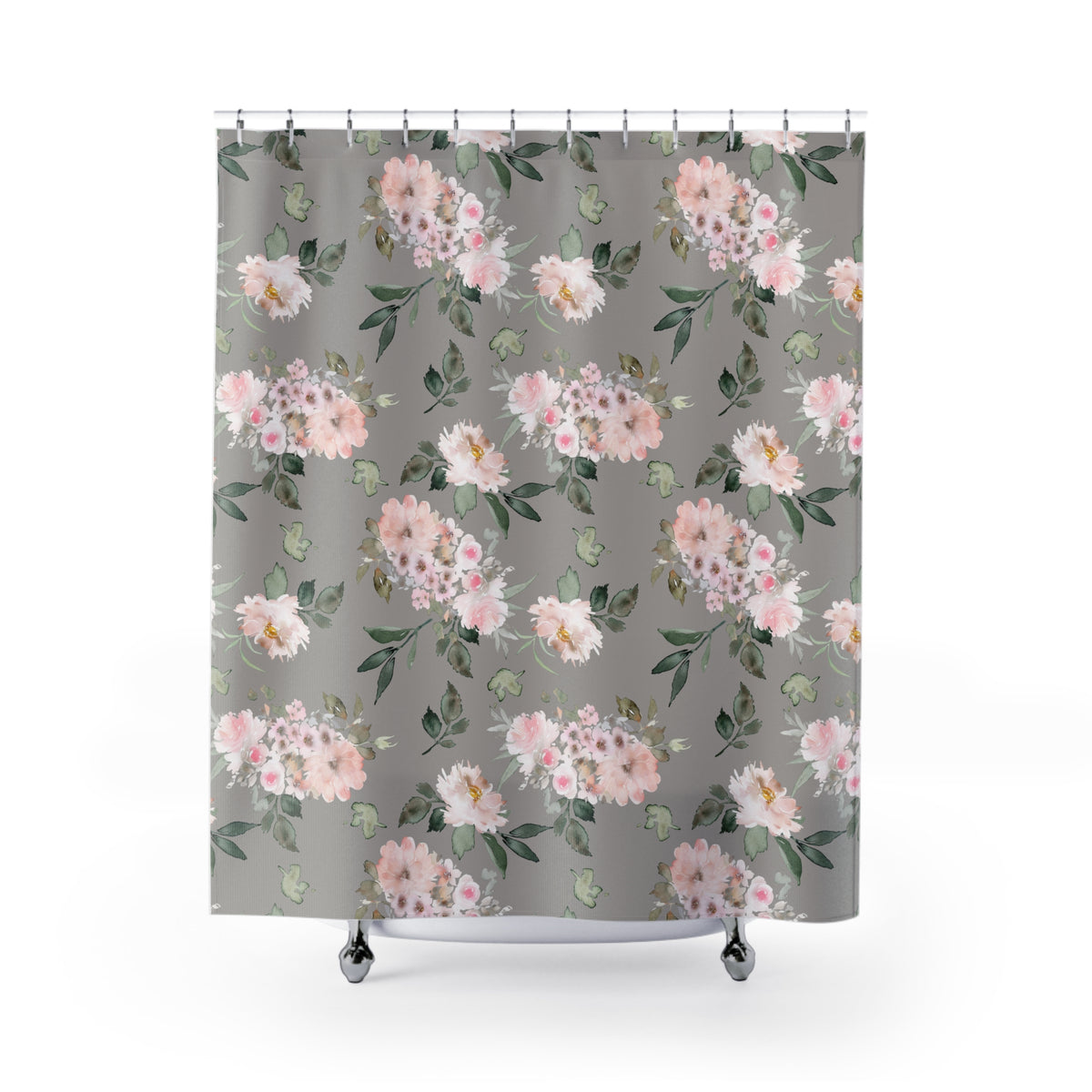 Blush Grey Watercolor Peony Shower Curtain, Bath Curtain 71x74