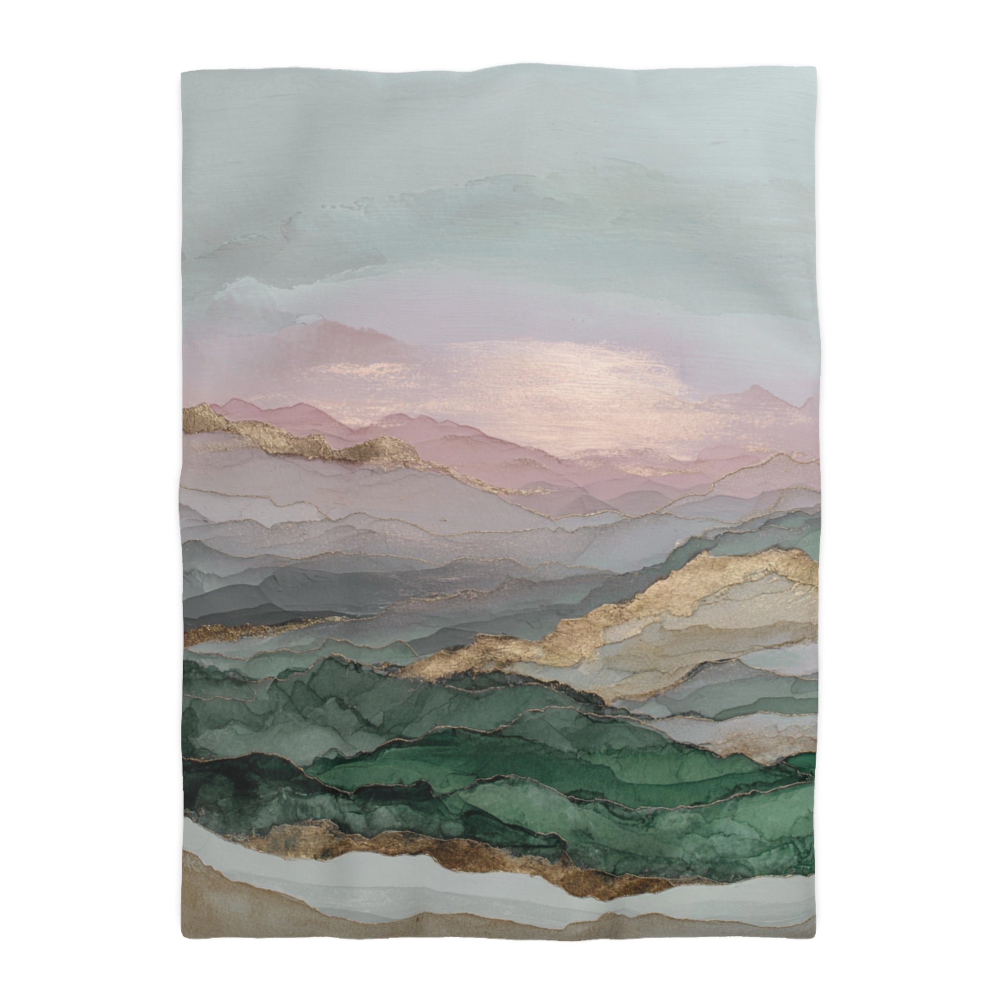 The image is a painting or artwork depicting a landscape with mountains and hills in various shades of green, brown, and gray, with a pinkish-orange hue in the sky.