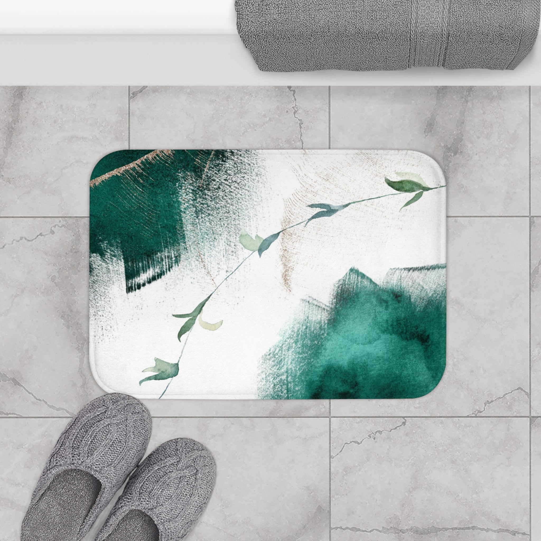 Boho Abstract Bath, Kitchen Mat, Rug | Emerald Green, Beige Gold Floral