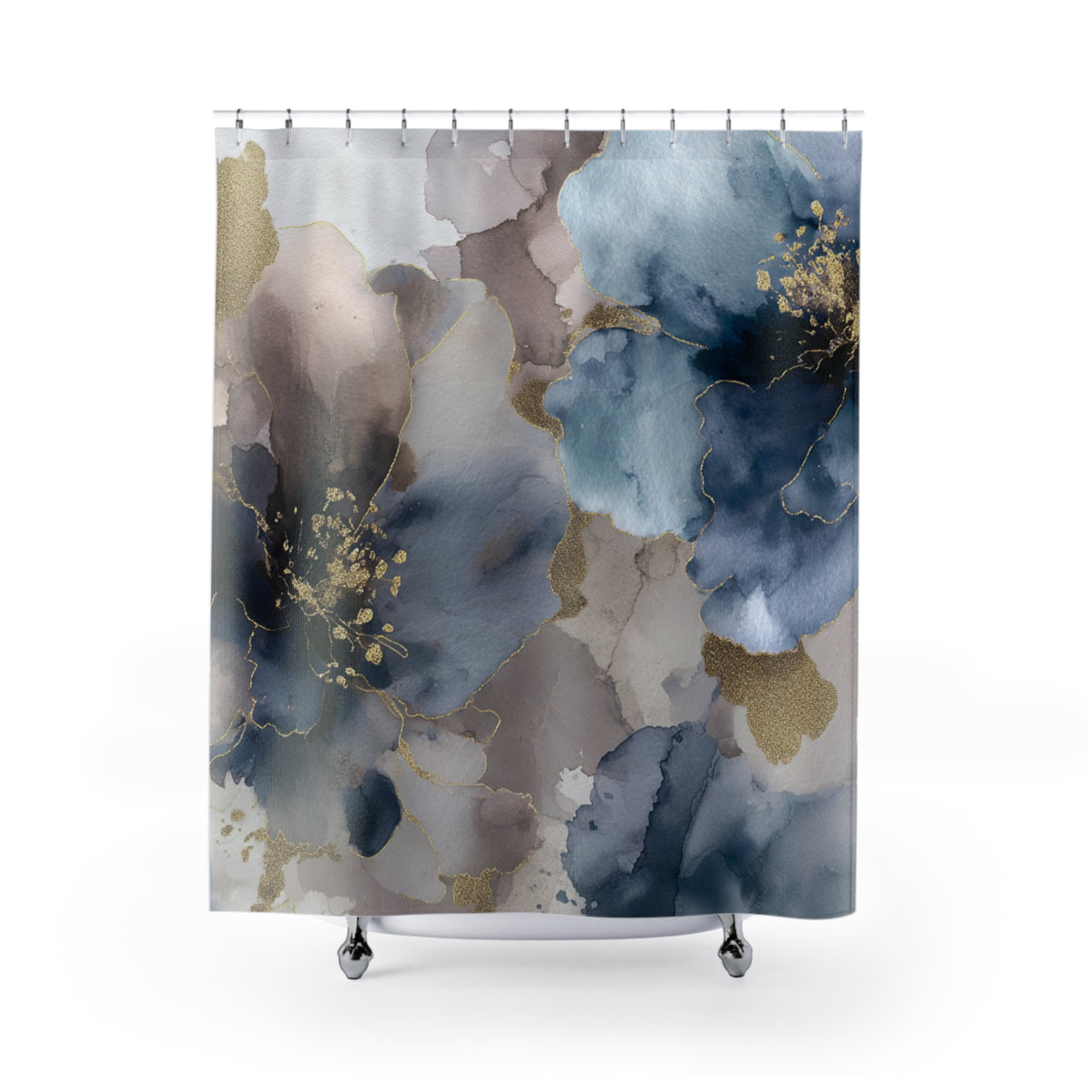 a shower curtain with a floral pattern in shades of blue, gray, and gold.