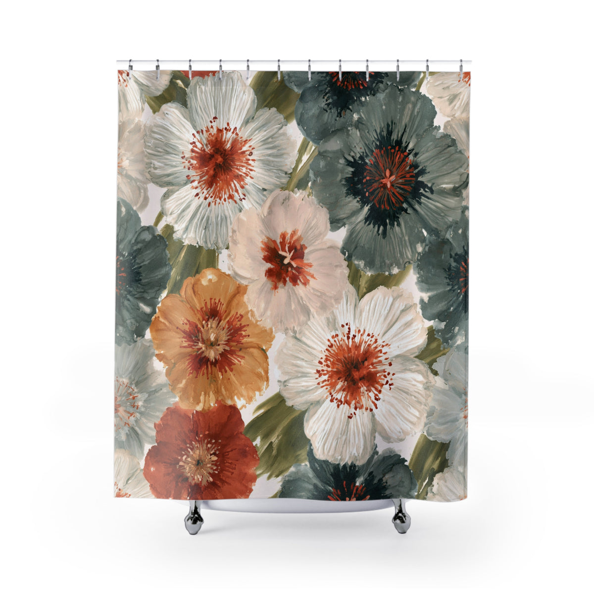 Rust Teal Daisy Floral Shower Curtain, Bath Curtain 71x74