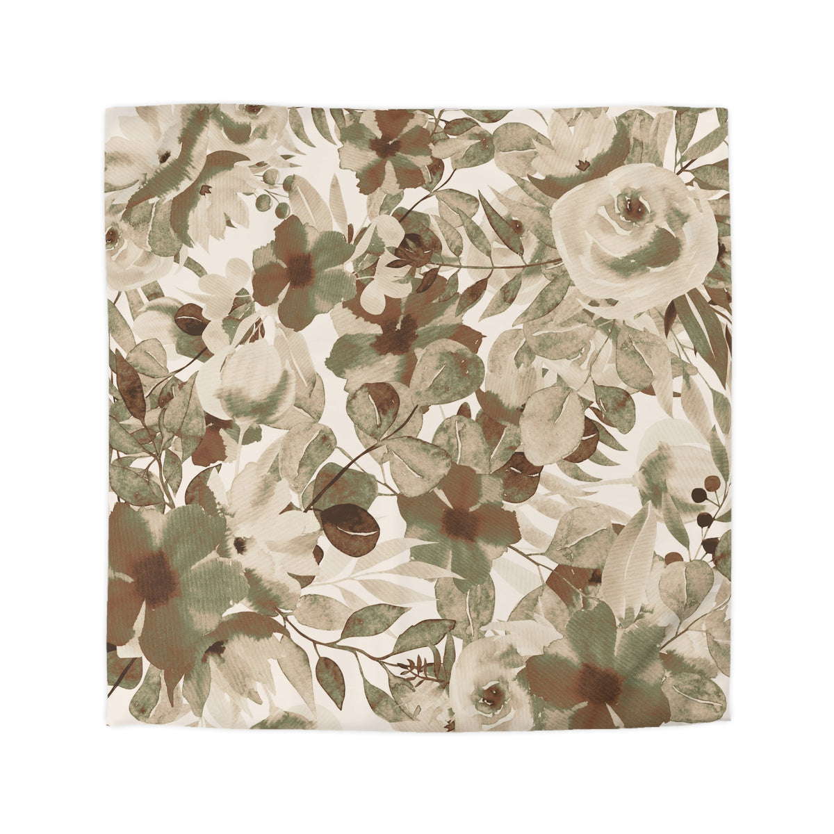 a square-shaped floral print with a variety of green and brown flowers and leaves. The print appears to be a collage of multiple images, creating a visually rich and diverse floral pattern.