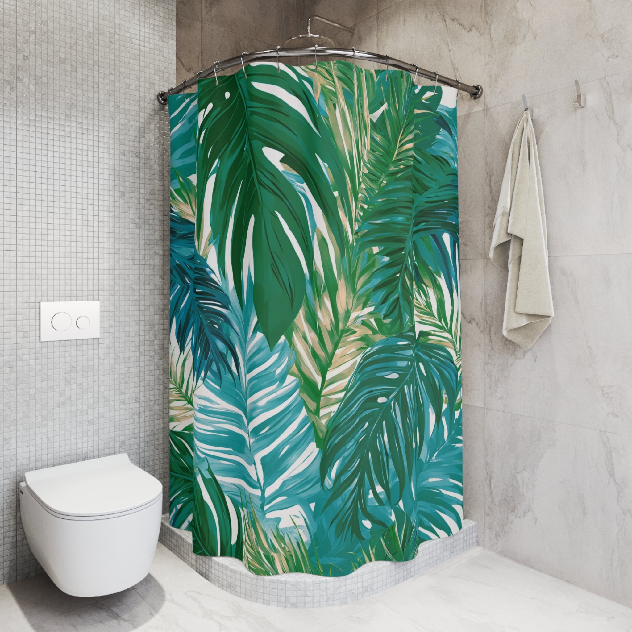 Boho Shower Curtain | Jungle Palm Leaves, Green Blue