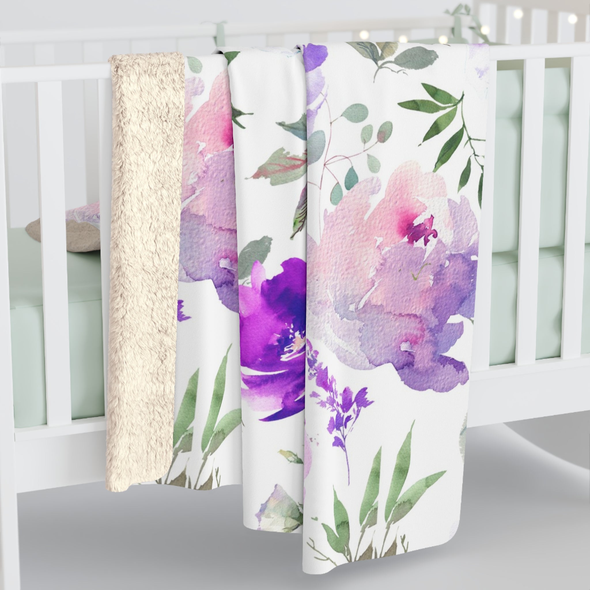 Floral Throw Blanket | White Purple Green White Watercolor