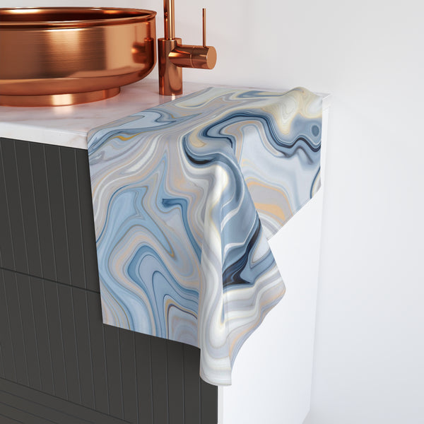 Abstract Boho Kitchen, Bath Hand Towel | Blue Beige Marble Print