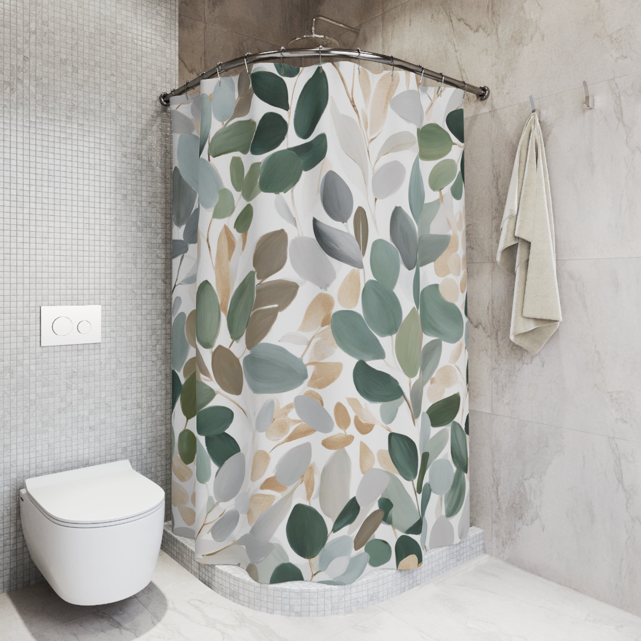 a bathroom with a shower curtain adorned with a leafy pattern in shades of green, brown, and gray. The shower curtain is hanging from a rod next to a towel. The bathroom also includes a toilet and a sink.