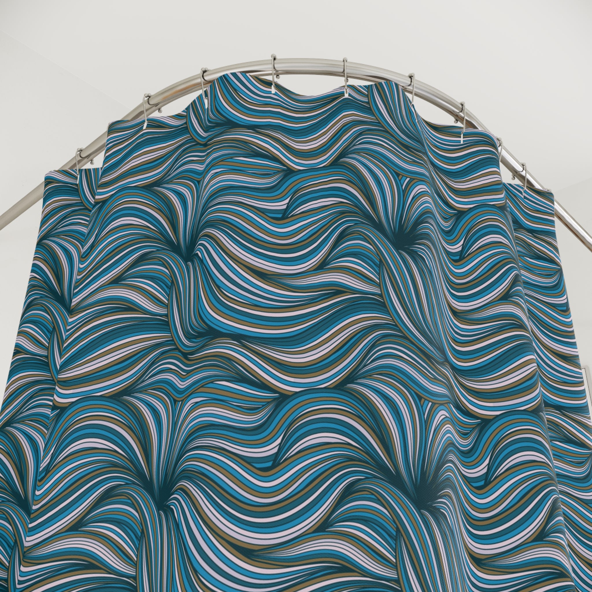 Teal Abstract Wave Shower Curtain, Flowy Polyester Bath Curtain