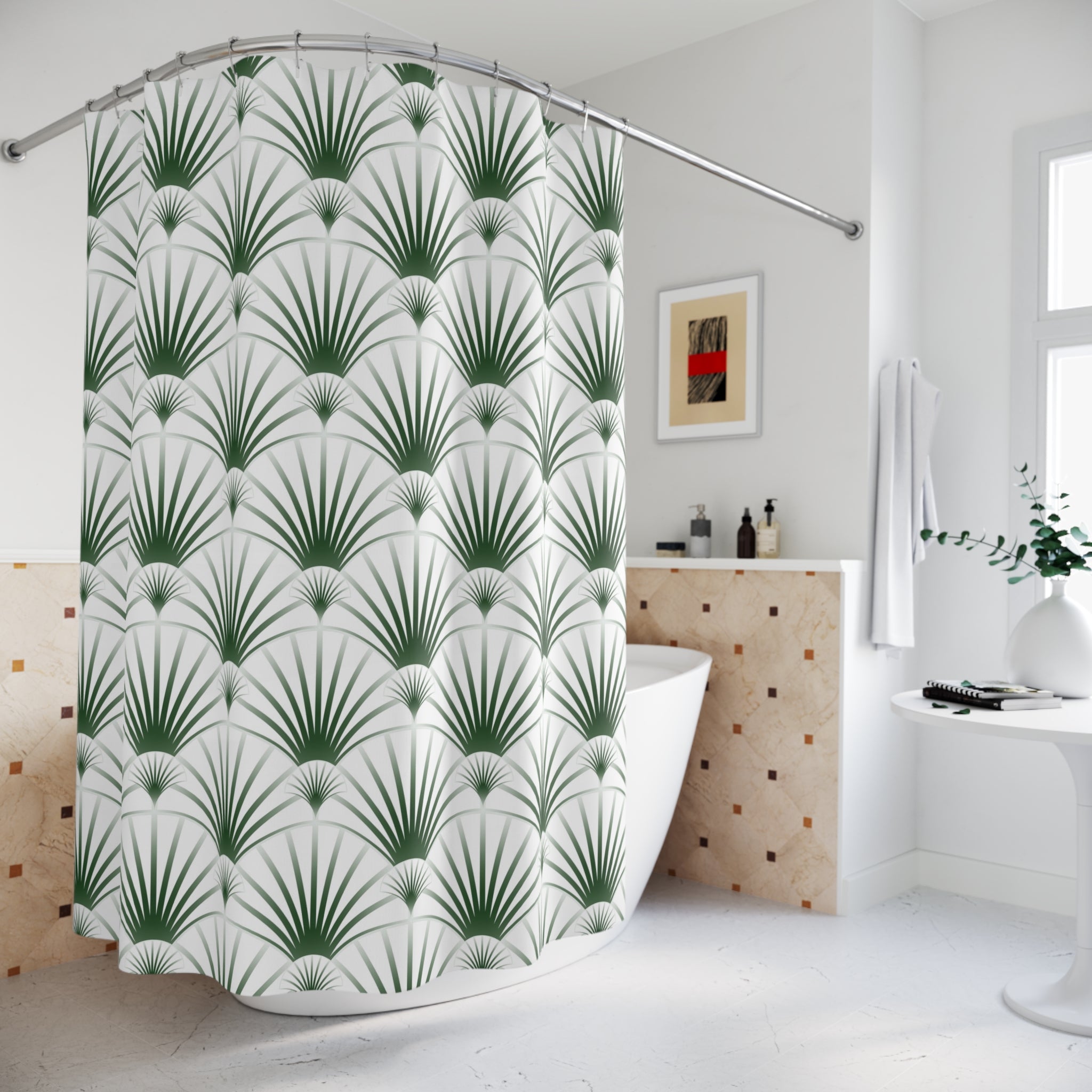 Boho Art Deco Shower Curtain | Green White Art Nouveau