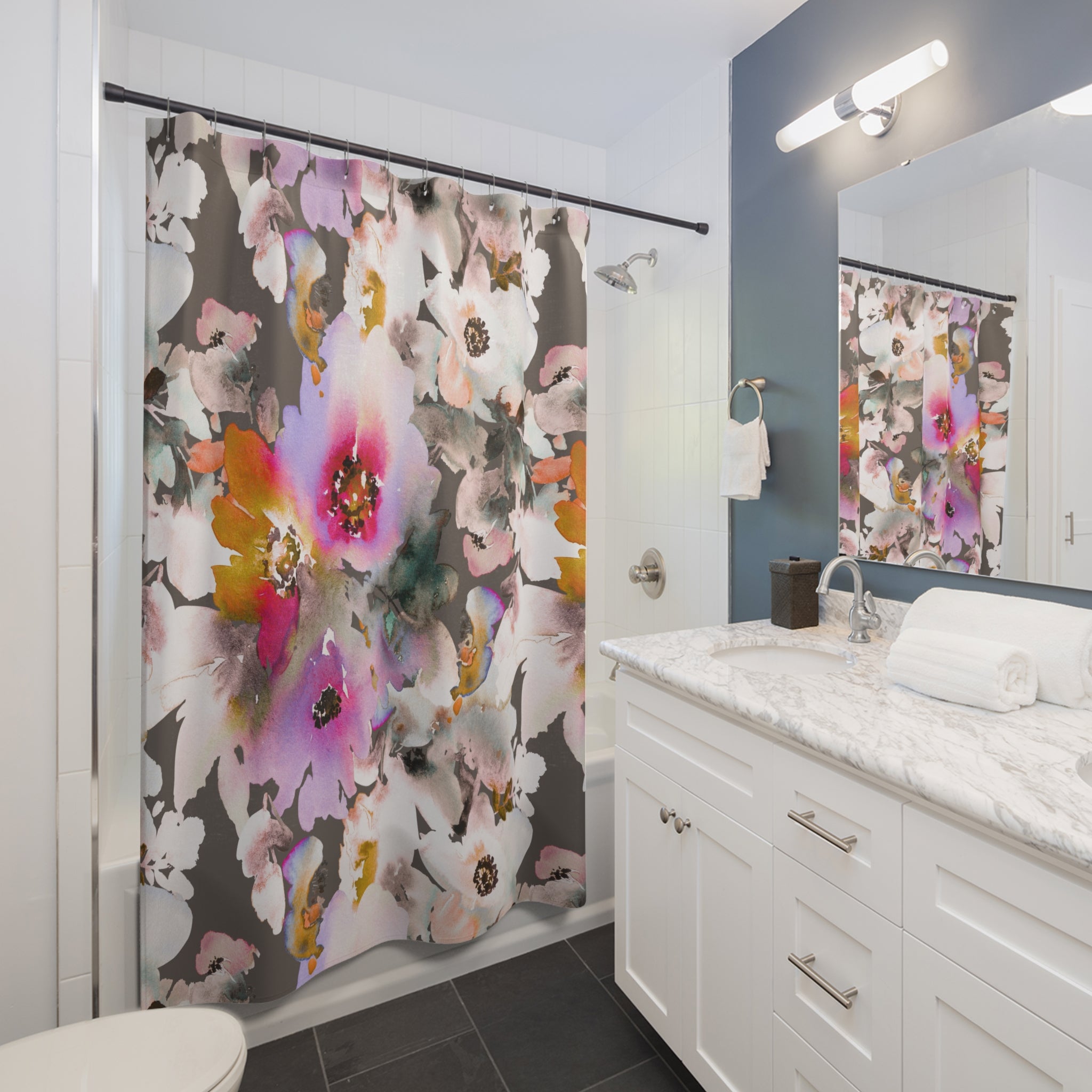 Floral Shower Curtain | White Pink Bathroom Decor