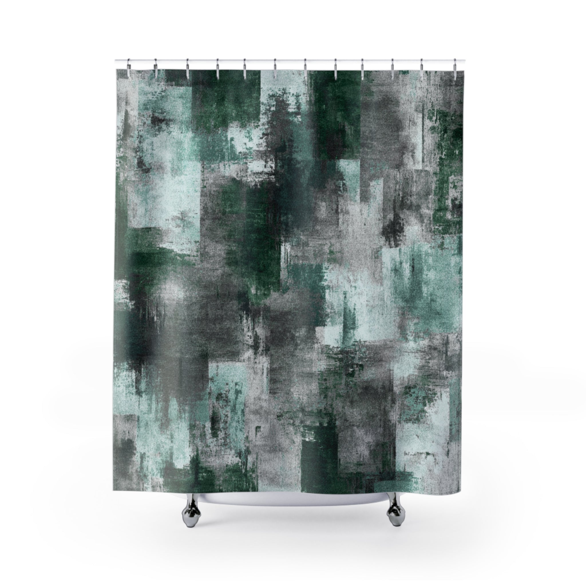 Green Shower Curtain | Flowy Fabric, Abstract Bathroom Decor