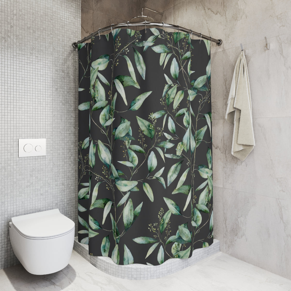 Charcoal Green Eucalyptus Leaf Shower Curtain, Bath Curtain 71x74