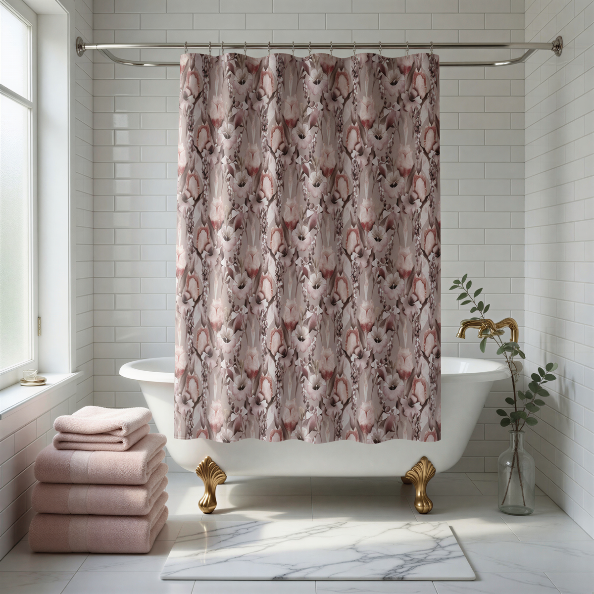 a bathroom with a white bathtub, a floral patterned shower curtain, and a marble floor. There are also pink towels and a potted plant in the room.