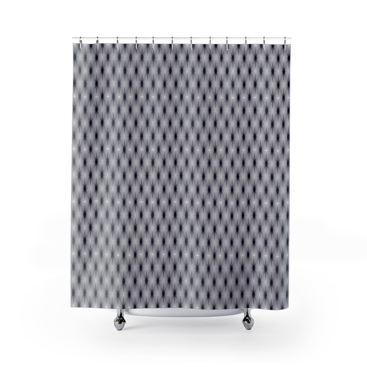 a shower curtain with a repeating diamond pattern in shades of gray and black.