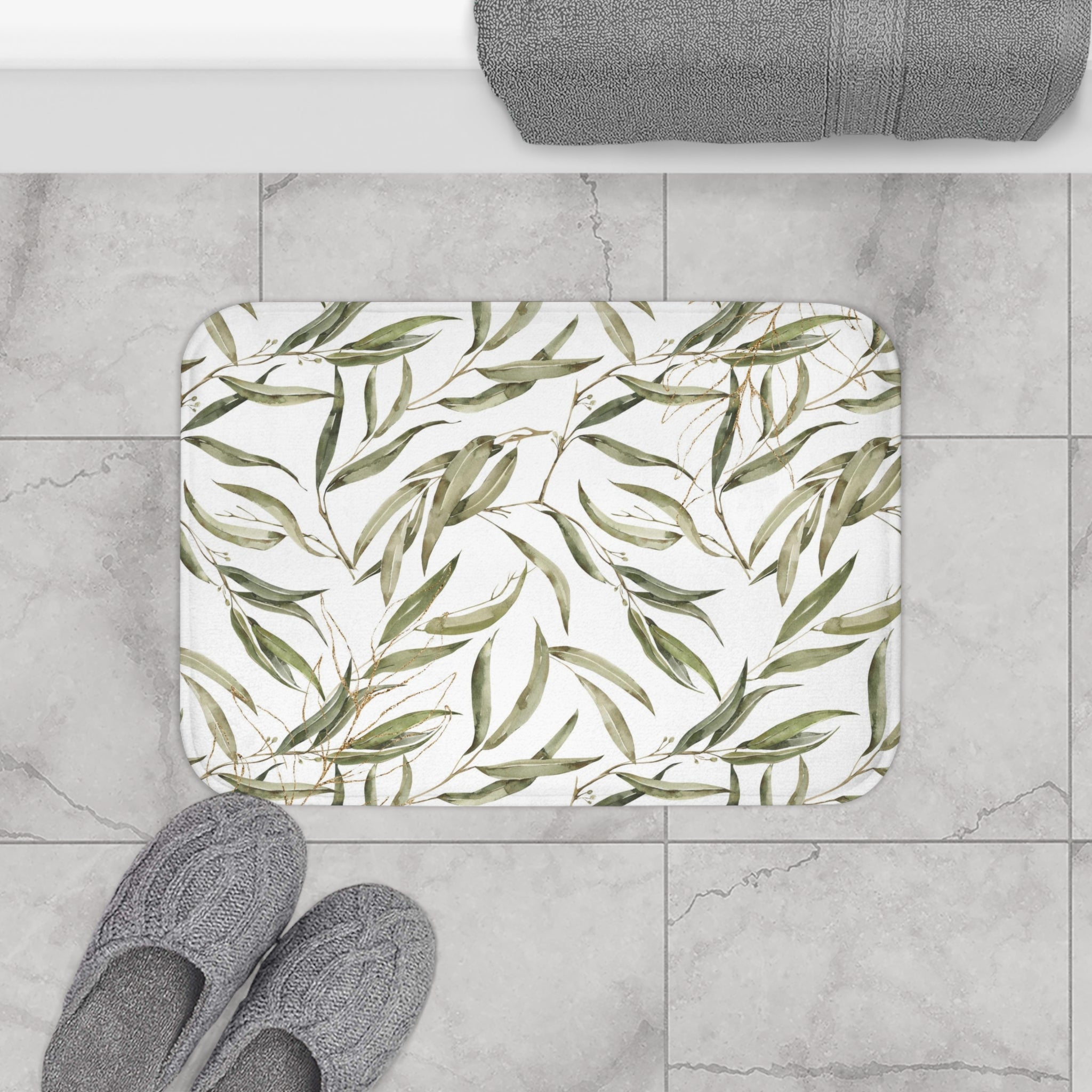 Boho Bath, Kitchen Mat | Floral, Amalfi Olive Leaves, Green White