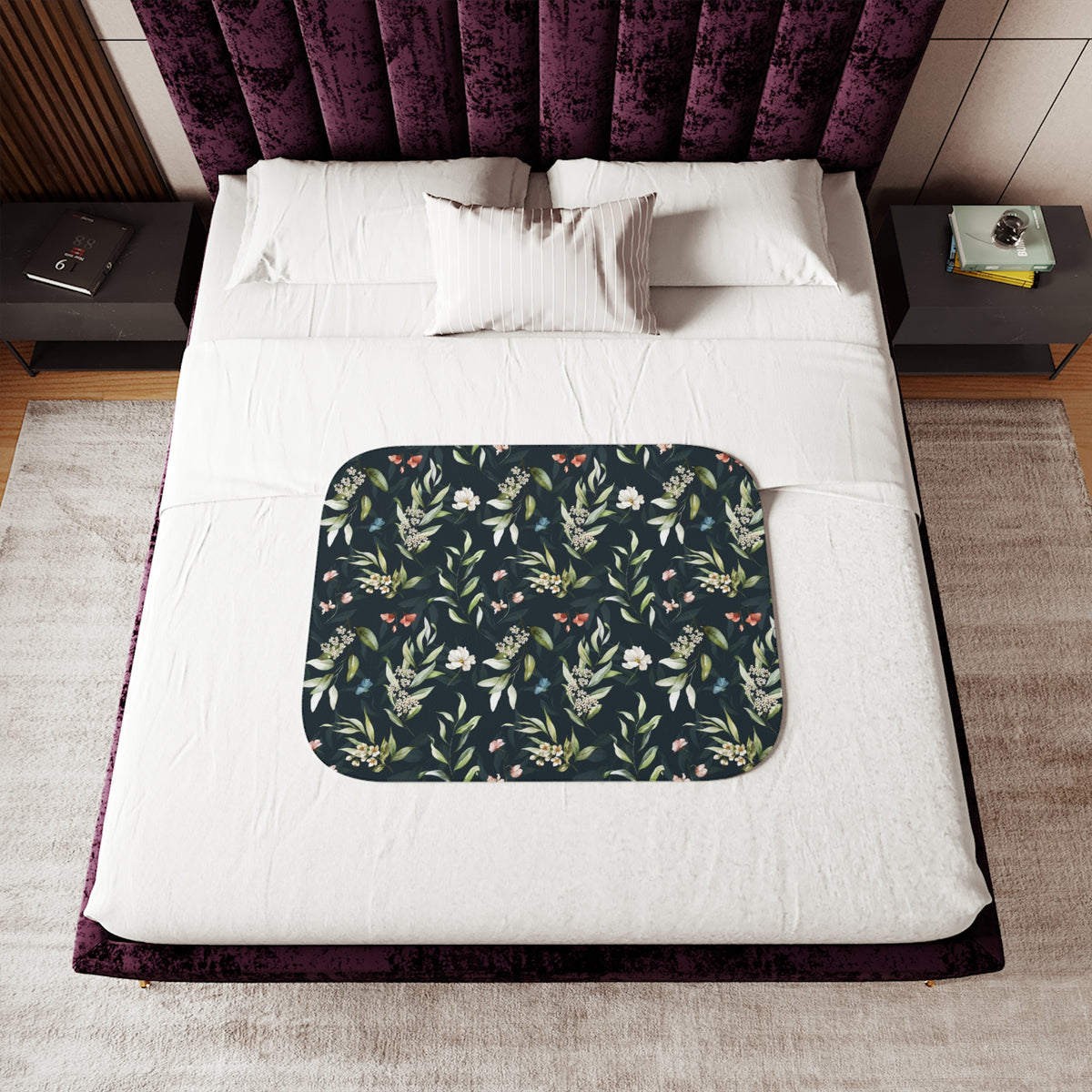 Navy Blue Wildflower Sherpa Blanket | Sage Coral Floral Throw