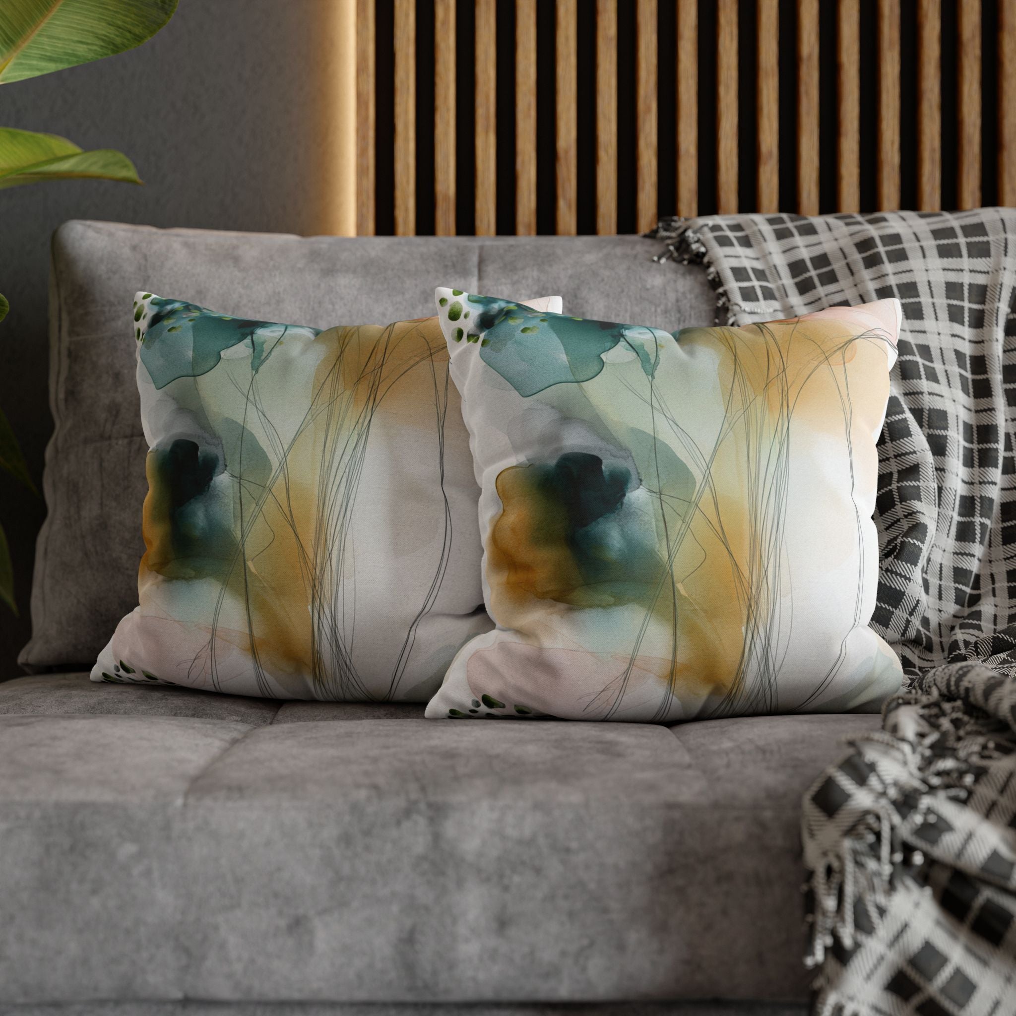 Japandi Throw Pillow Cover | Sea Green Blush