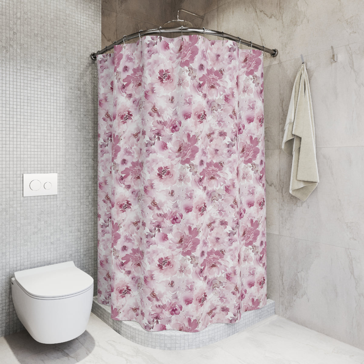 Dusty Pink Watercolor Peony Shower Curtain, Bath Curtain 71x74