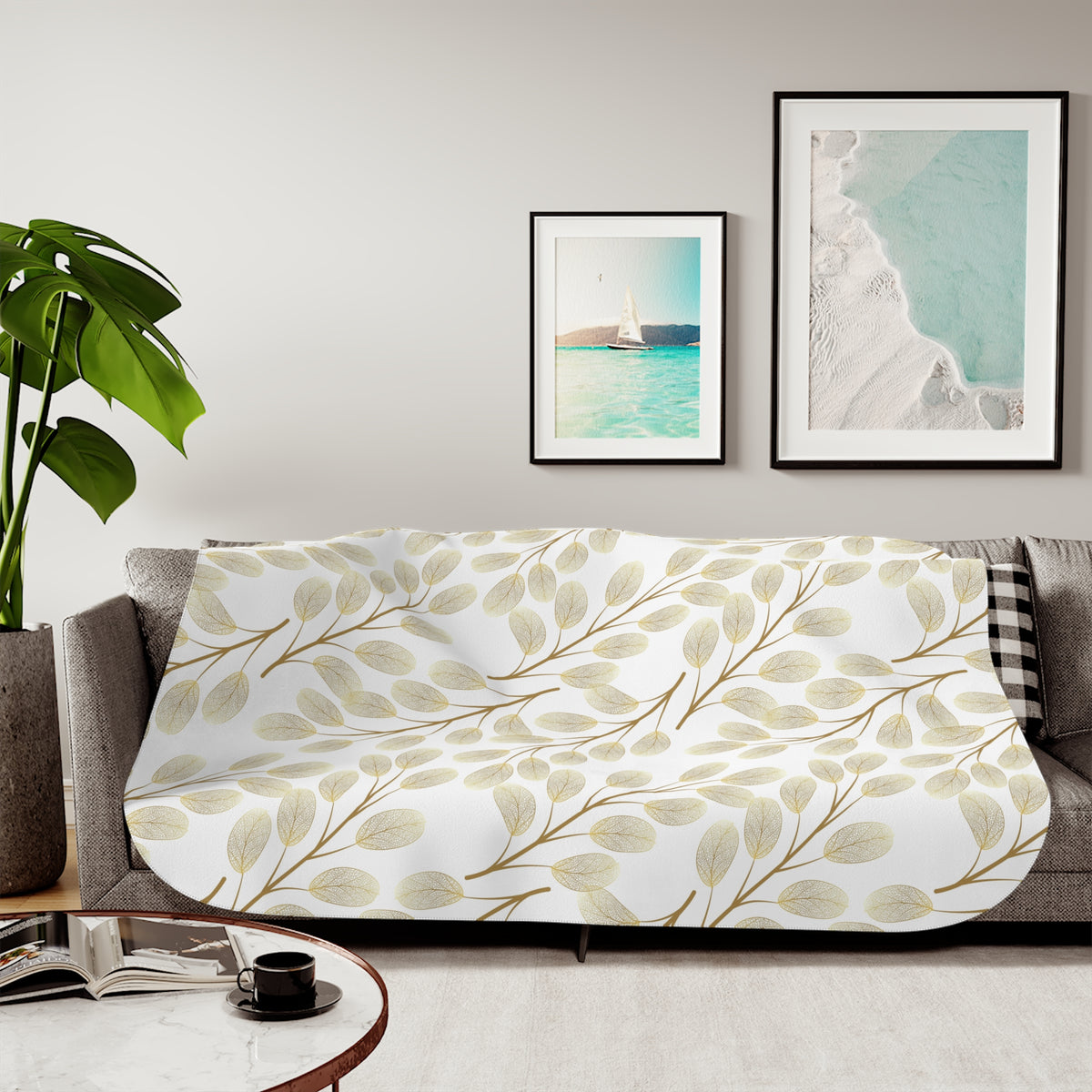 Beige Muted Gold Leaf Branch Sherpa Blanket | Neutral Throw