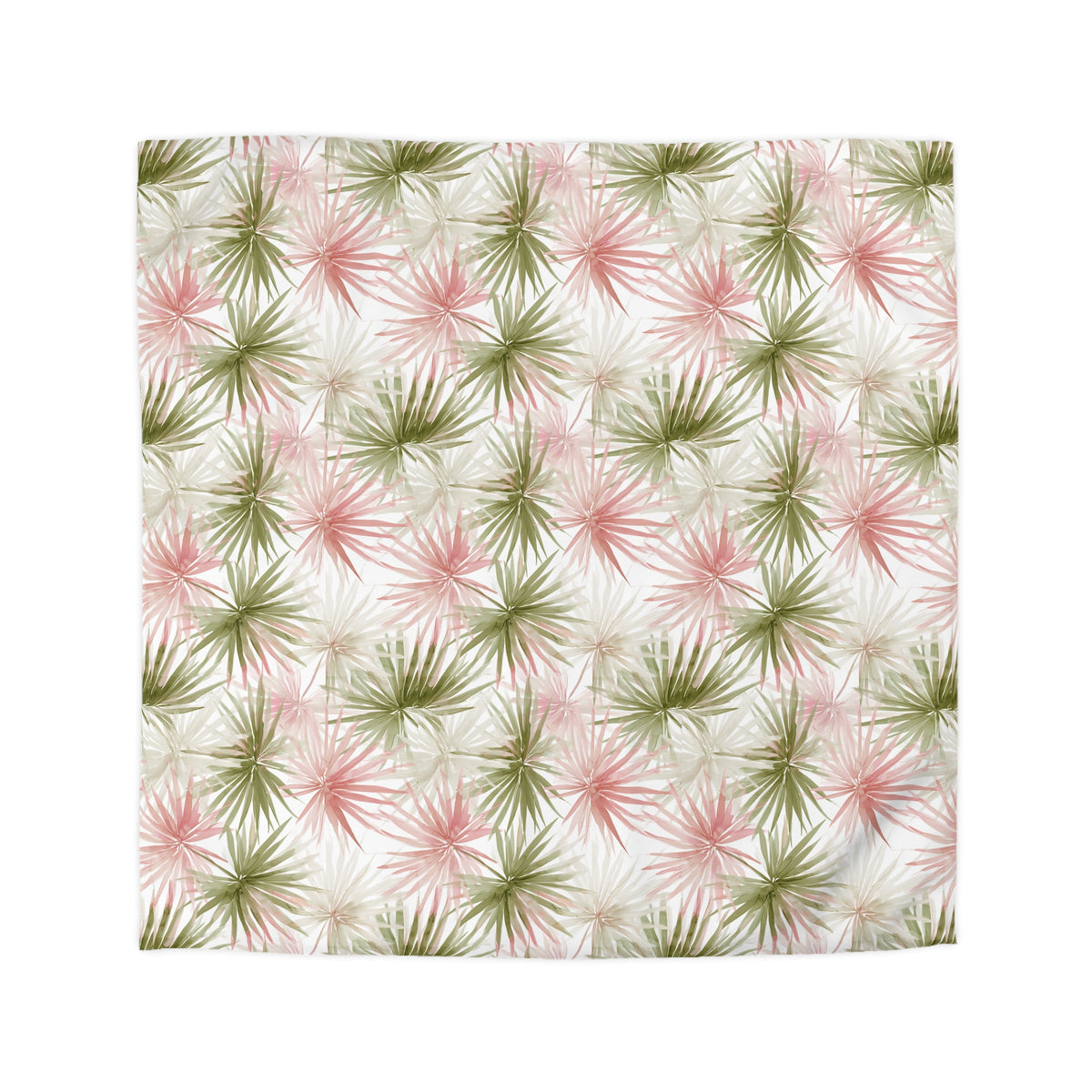 a repeating pattern of palm leaves in shades of green, pink, and white.