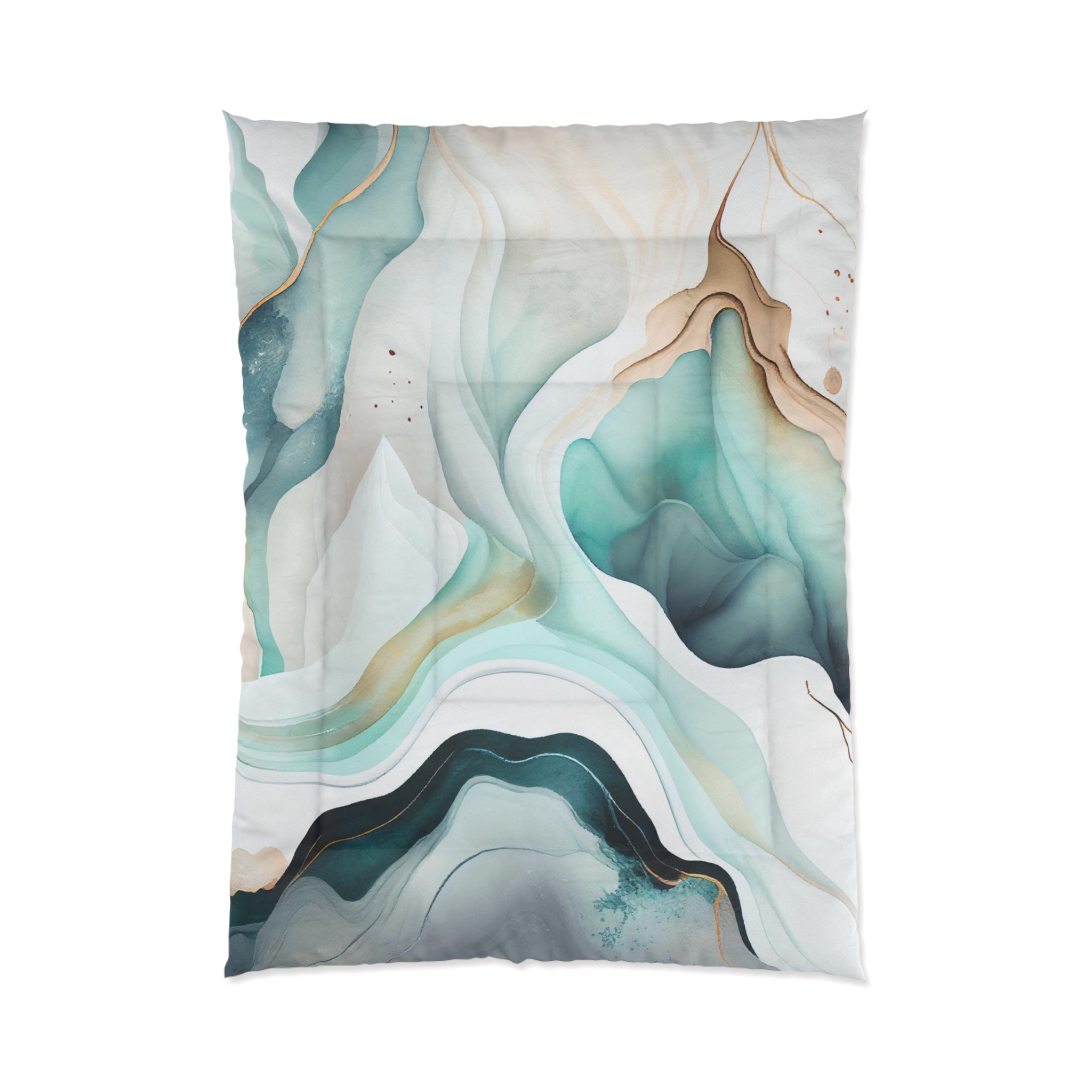 Abstract Comforter | Teal Green, White, Muted Gold Beige Watercolor