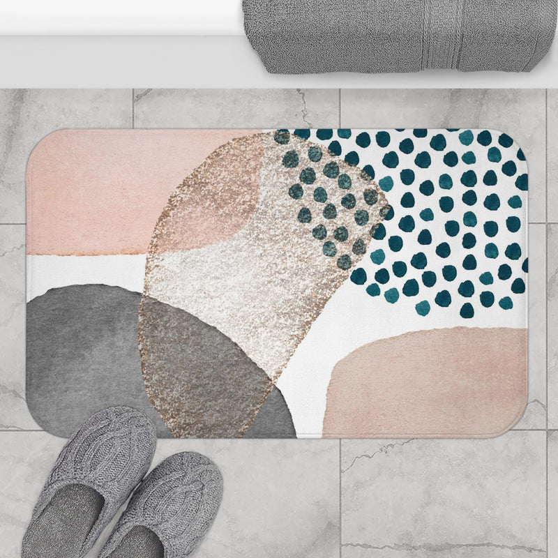 Boho Bath, Kitchen Mat | Modern Blush Pink, White Beige, Grey Blue