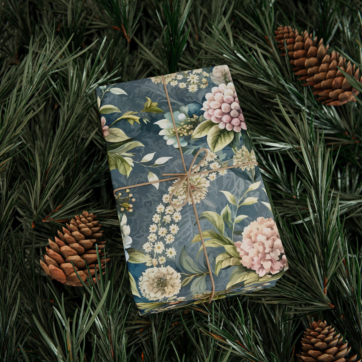 Blue Green Chintz Floral Wreath Wrapping Paper, Gift Wrap