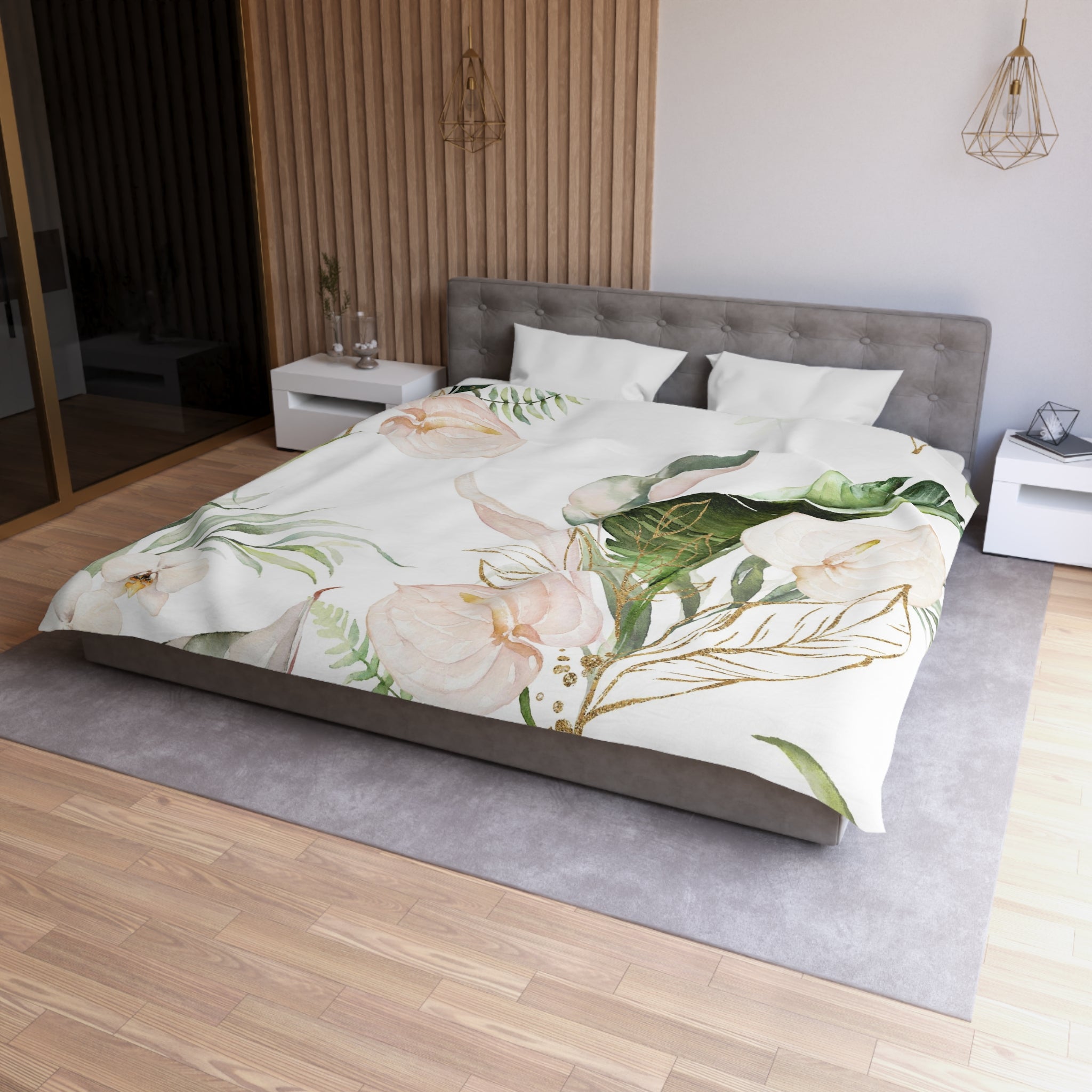 Floral Duvet, Pillow Cover | Green White Anthurium Bedroom Decor
