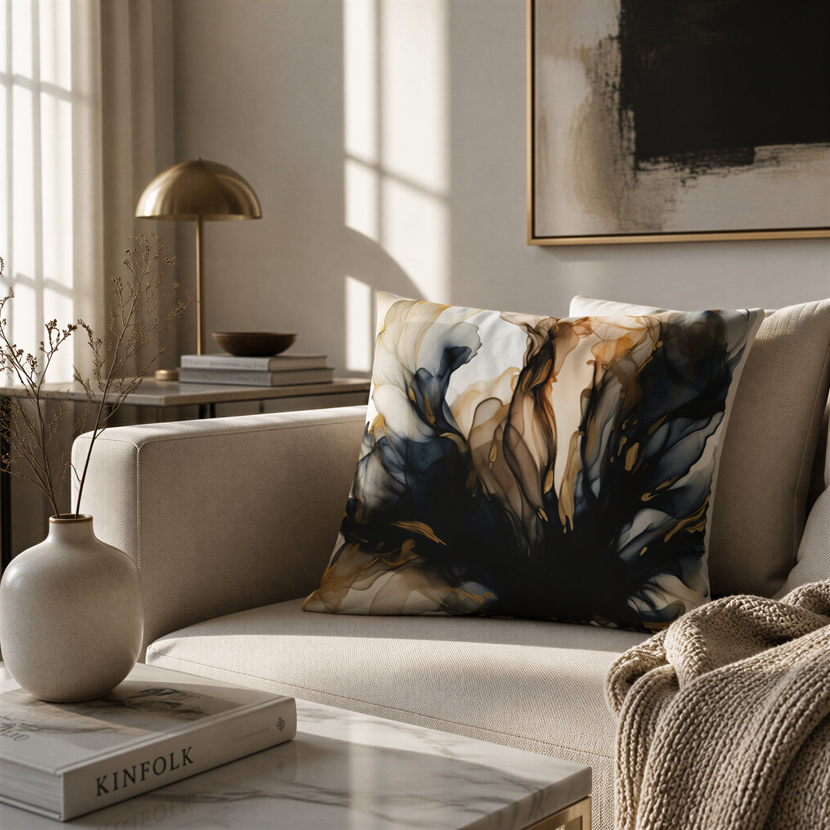 a living room with a beige sofa, a white marble coffee table, and a framed abstract painting on the wall. There is a white vase with dried flowers and a book on the coffee table.