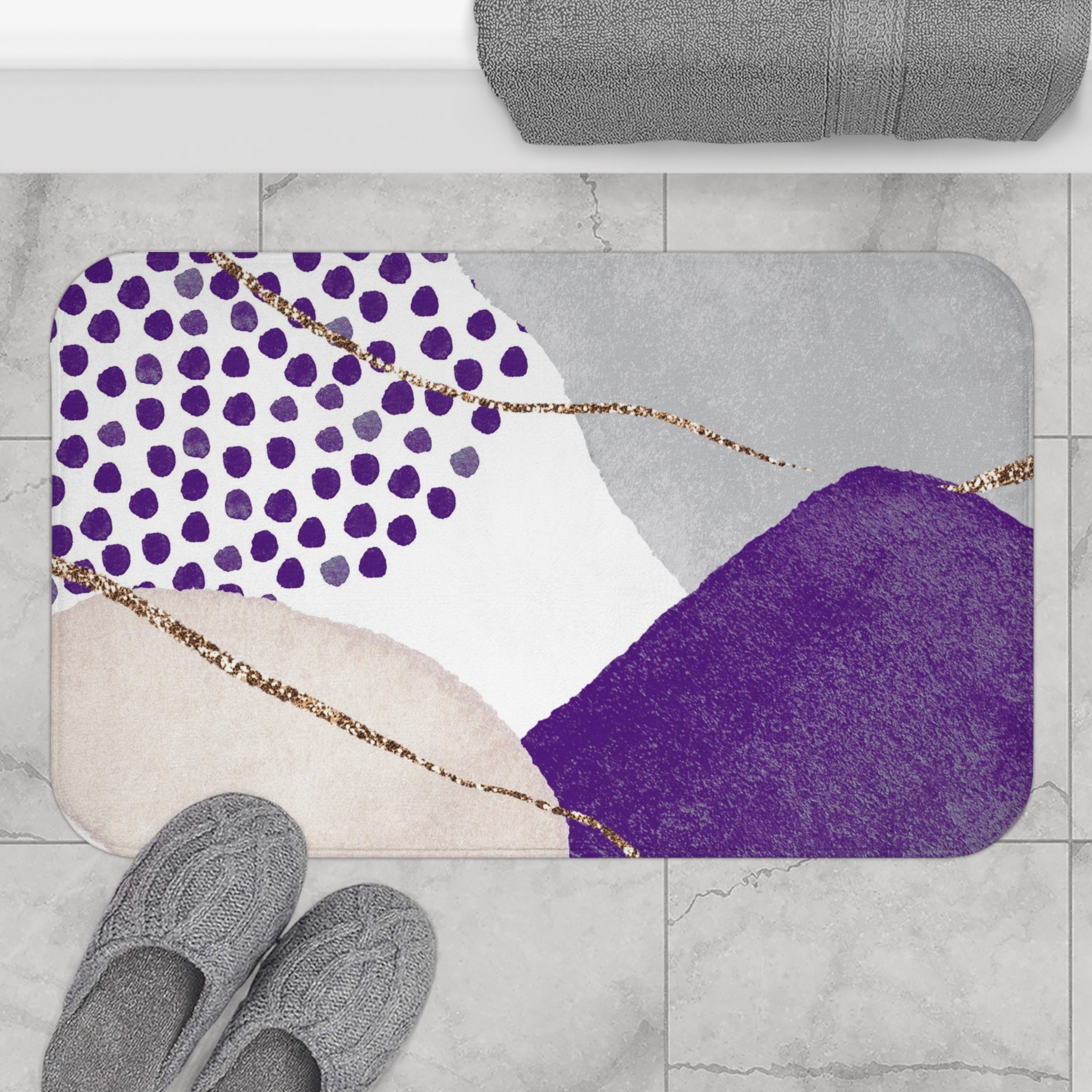 Boho Abstract Bath Mat | Modern Grey, Lilac Purple Beige