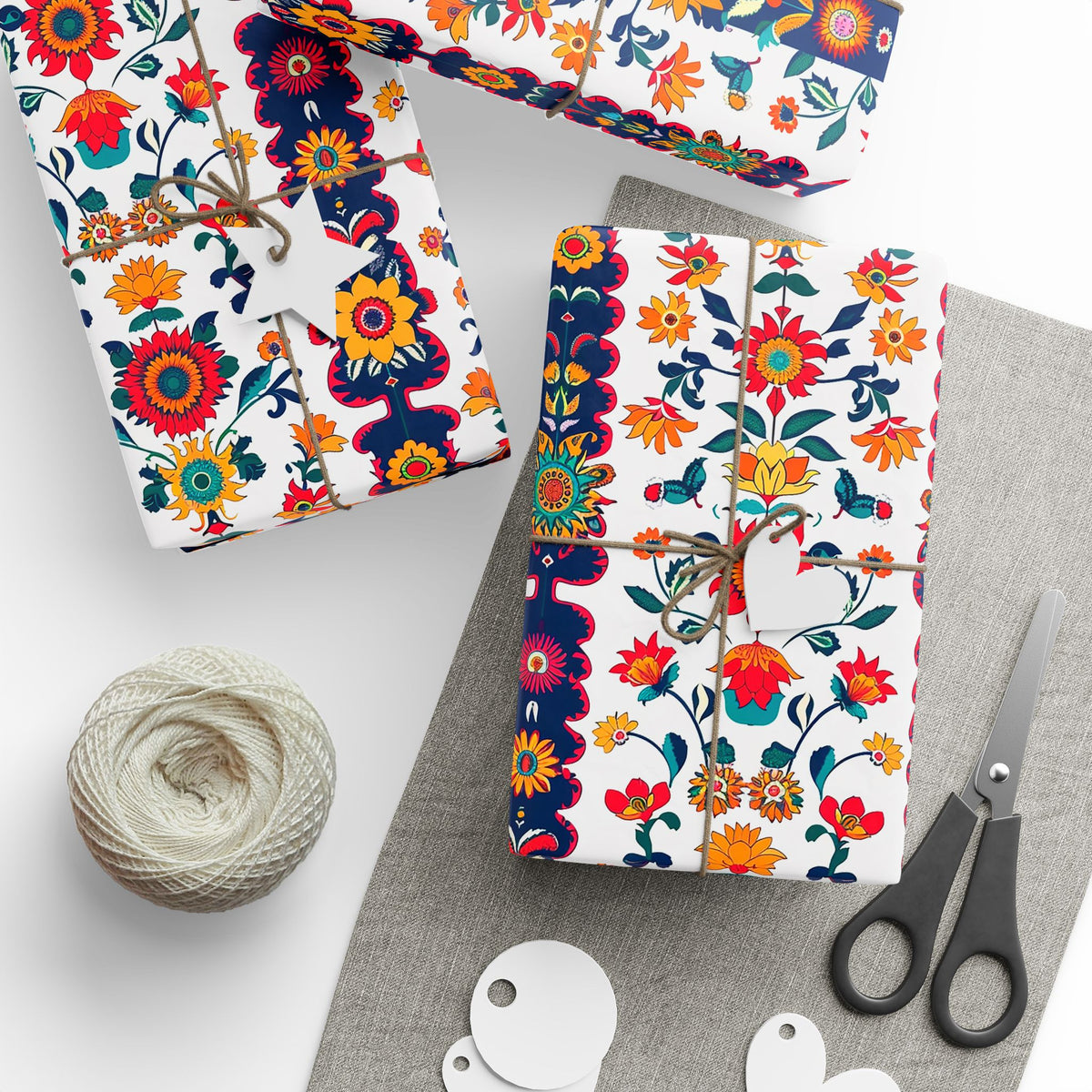 Red Navy White Folk Floral Wrapping Paper, Gift Wrap