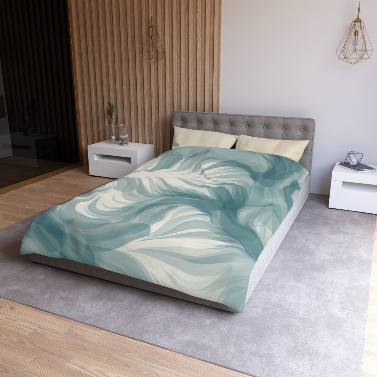 a modern bedroom with a gray tufted headboard, a gray bedspread with a wave-like pattern, and white nightstands on either side of the bed.