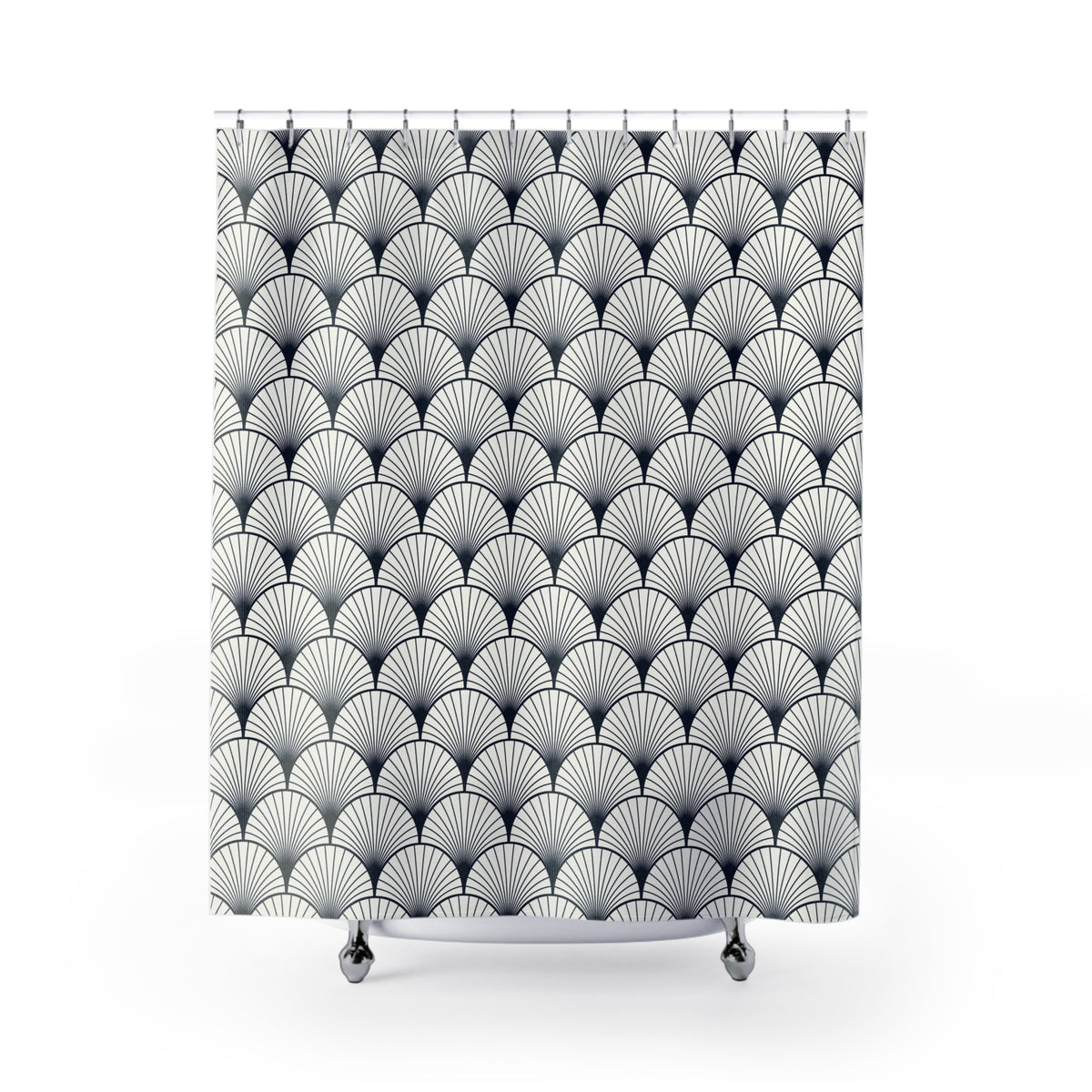 a shower curtain with a repeating pattern of black and white scalloped edges.
