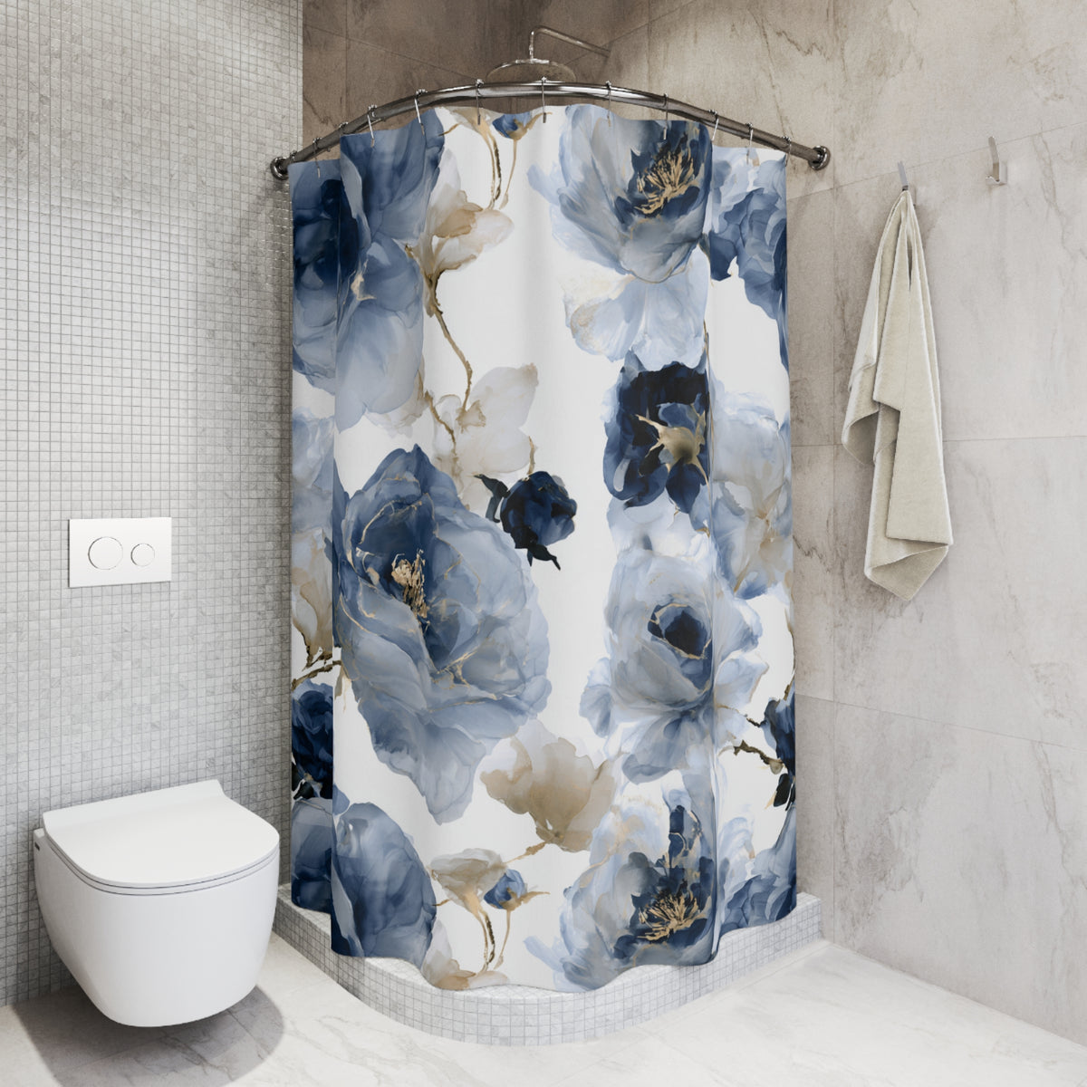 Blue Navy Watercolor Poppy Shower Curtain, Bath Curtain 71x74