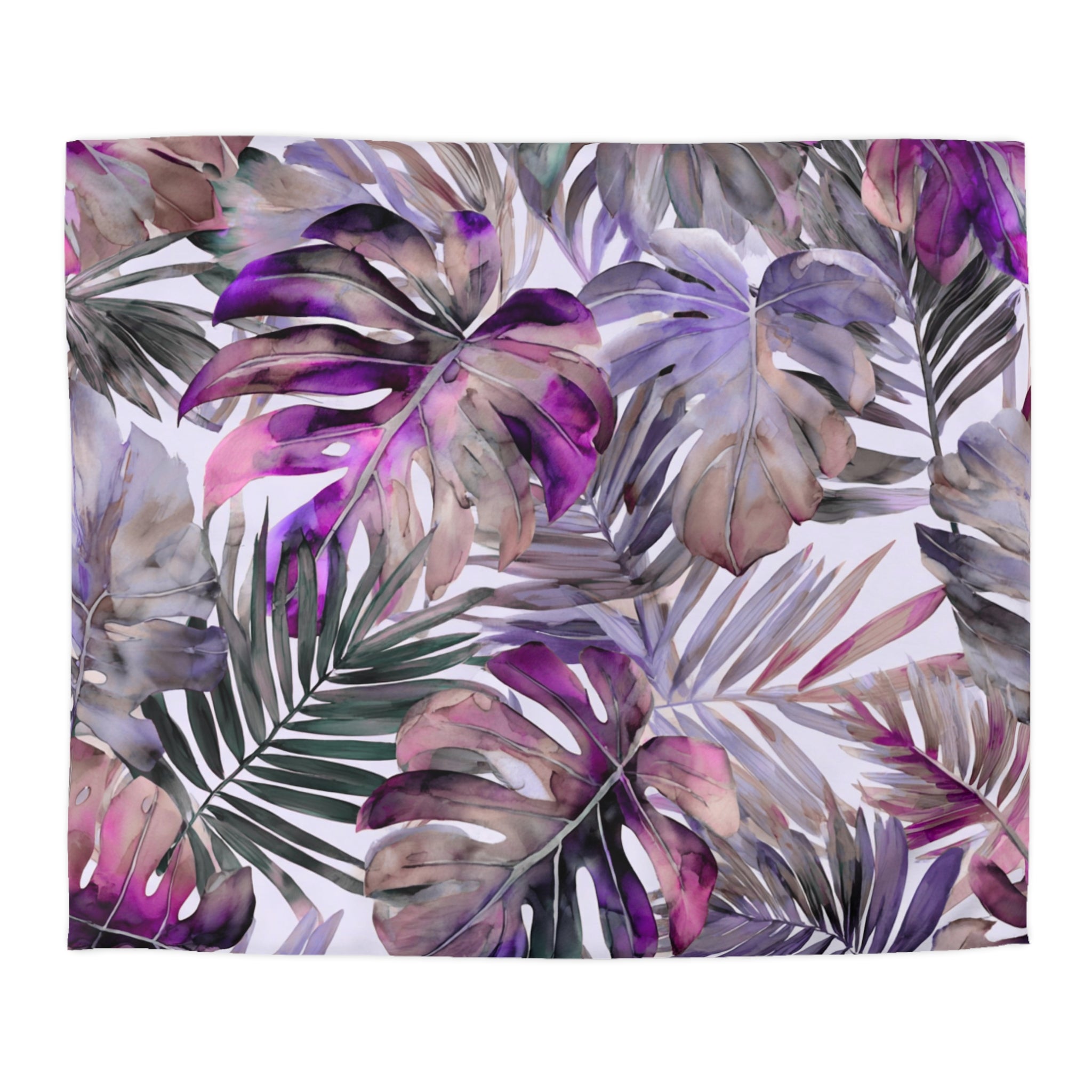 a vibrant and colorful pattern of tropical leaves in shades of purple, green, and brown.