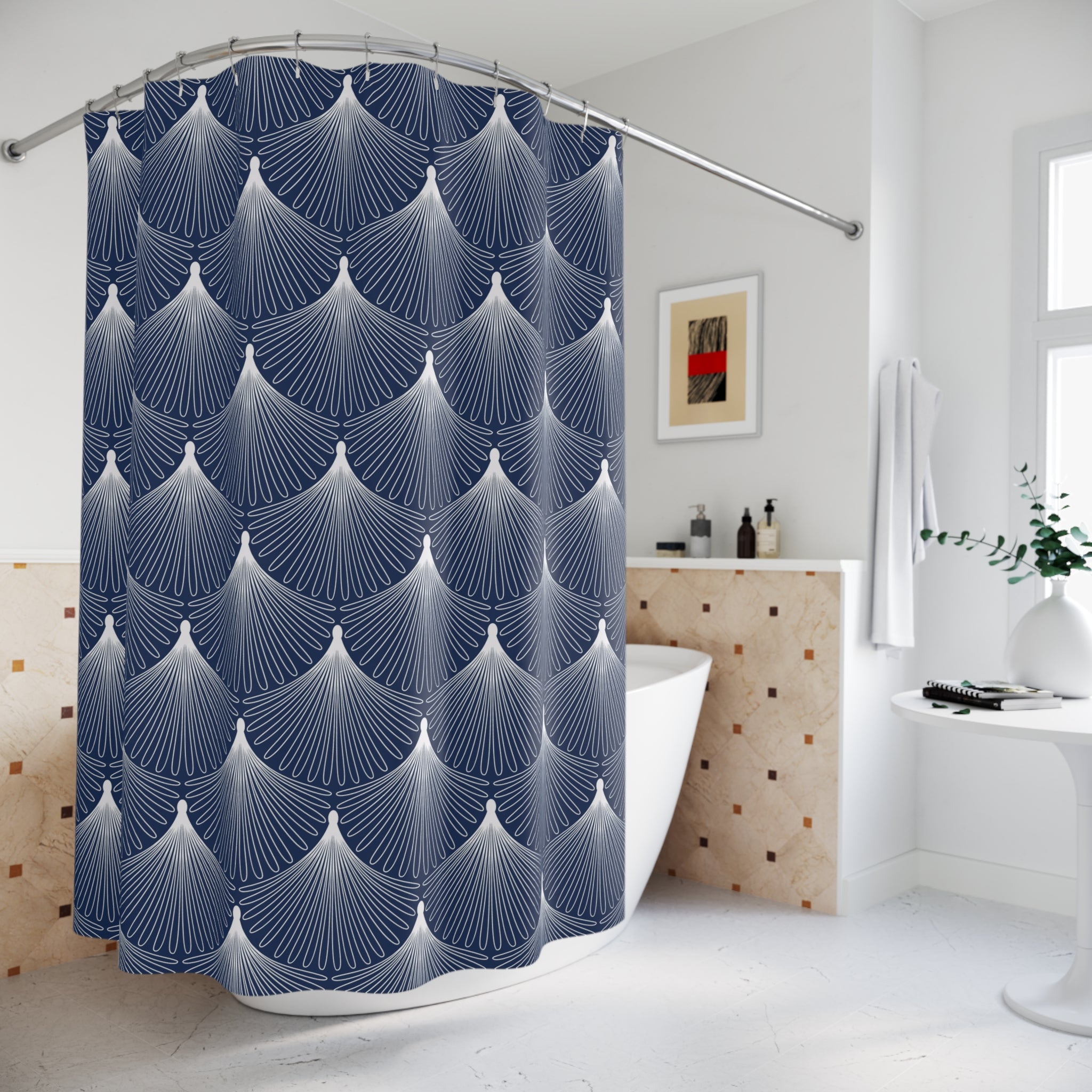 Art Deco Shower Curtain | Blue White Fan Bathroom Decor