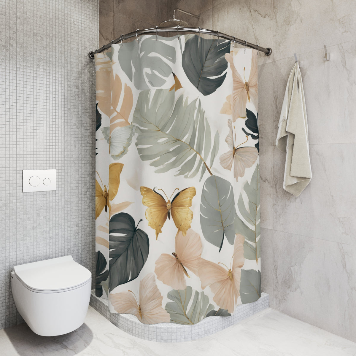 a bathroom with a shower curtain adorned with a tropical leaf pattern, including palm leaves and butterflies. The shower curtain is hanging on a rod next to a towel rack.