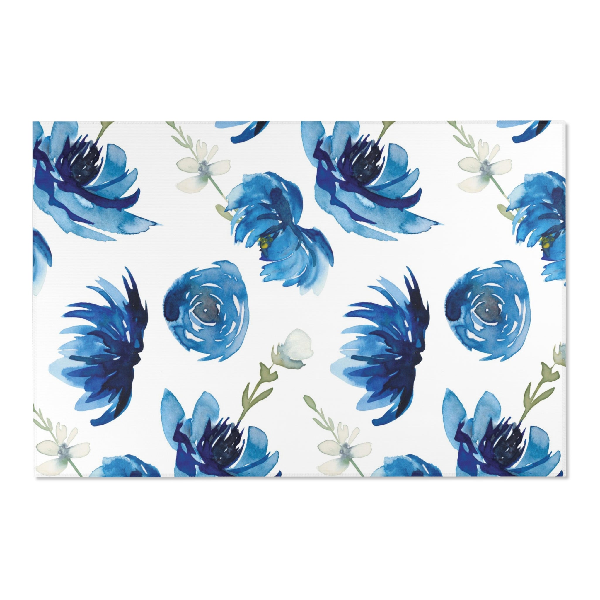 Floral Area Rug | White Indigo Blue Roses Watercolor