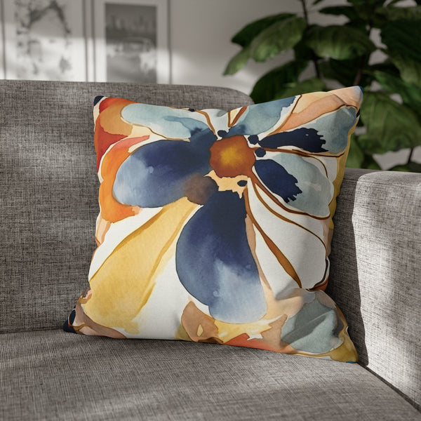 Floral Pillow Cover | Mediterranean Blue, Orange Red Flower